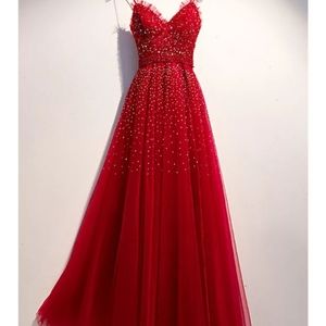 Red & Grey V-neck with backless back closure party wear Gown with beautiful work